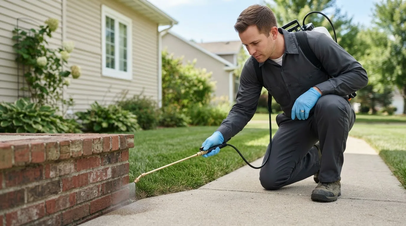 Pest control technician treating a home near Fombell, PA