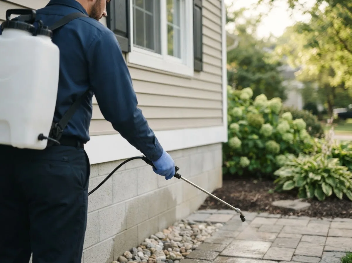 Pest control technician inspecting a home in Fombell, PA
